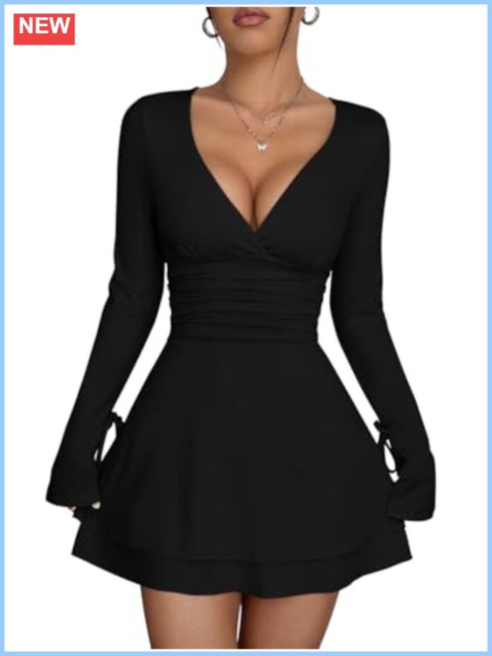 Women's Wrap V Neck Long Sleeve Ruffle Hem Flowy Club Mini Dress